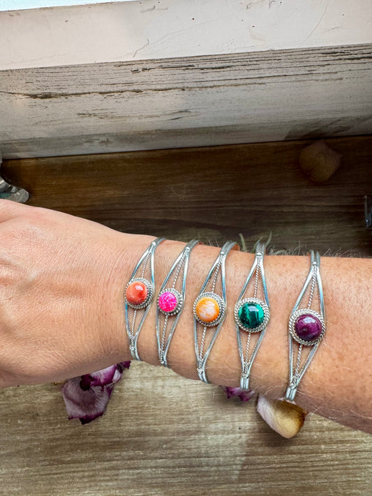 Sterling silver cuff bracelet with choice of malachite, spiny oyster (orange, red, purple), or pink opal, handmade by The Bijoux FAB in the USA