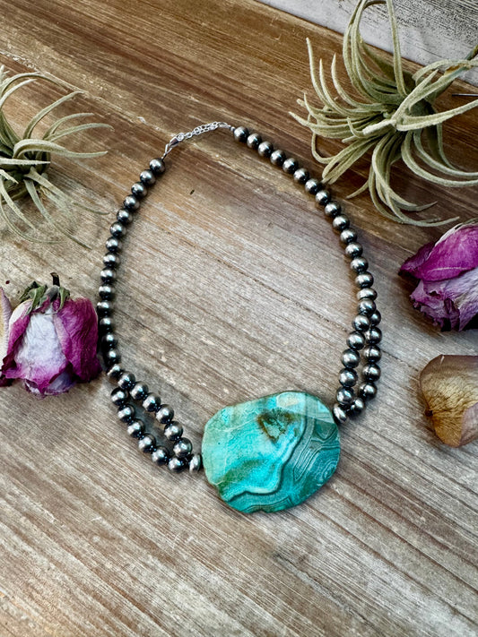 17-inch sterling silver pearl necklace with agate druzy flat stone, handmade by The Bijoux FAB in the USA, one of a kind