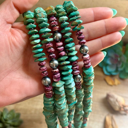 Graduated Green Turquoise & Purple Spiny Oyster Necklace