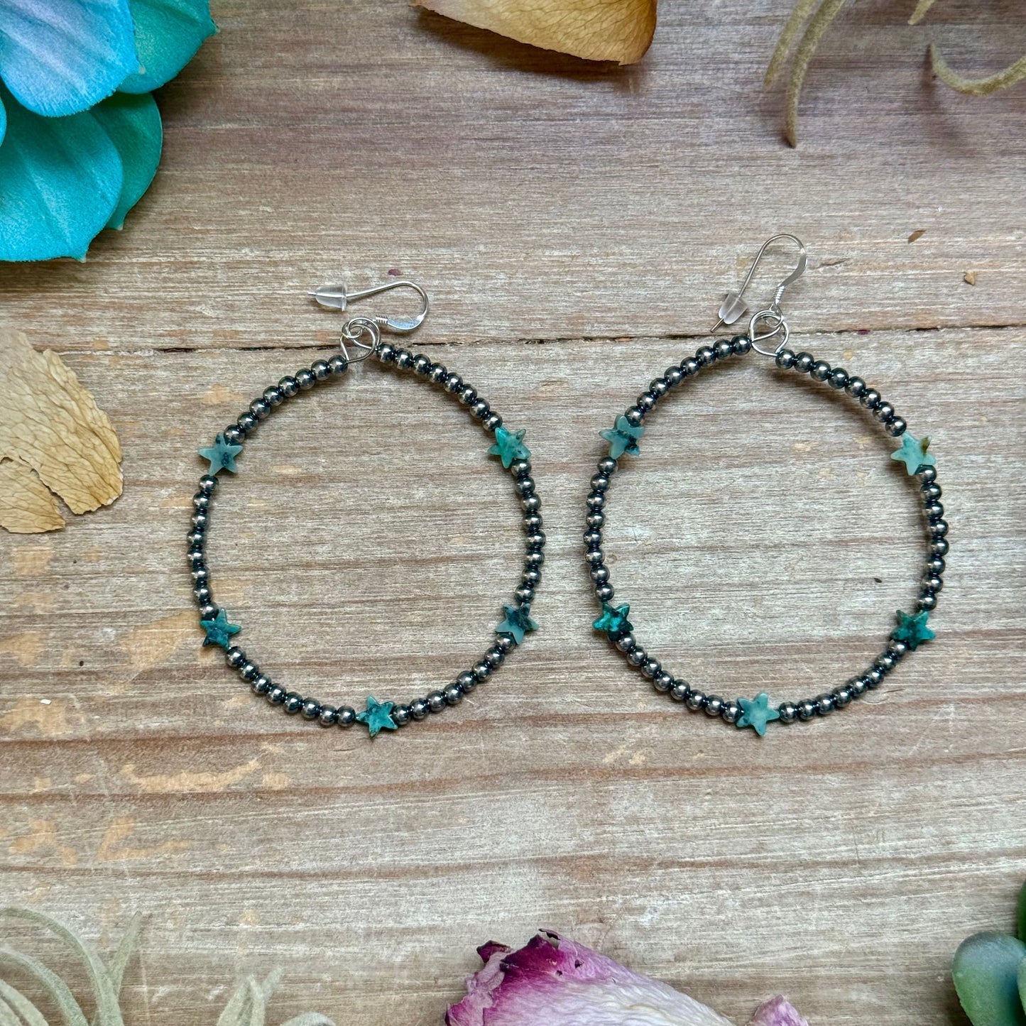 African Turquoise Star Hoop Earrings – 3mm Sterling Silver