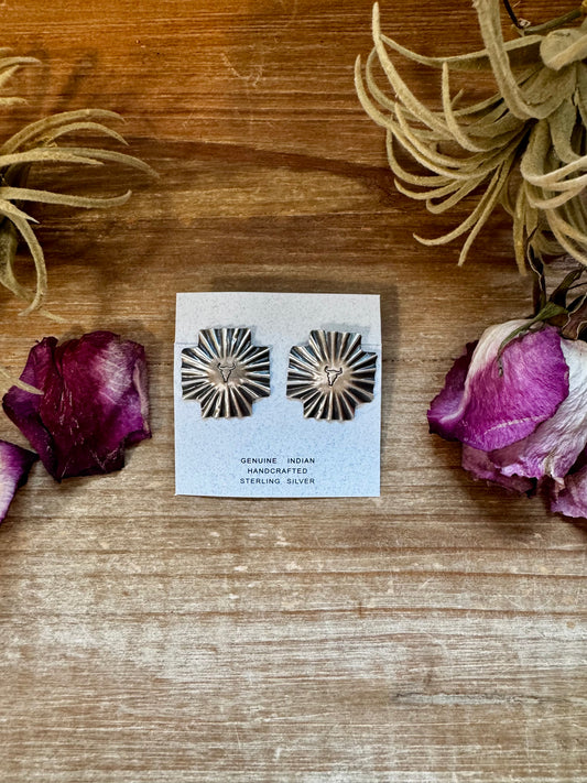 Sterling silver square cross stud earrings stamped with longhorn skull design, handmade in the USA