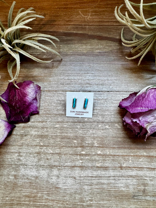 Mini rectangle stud earrings with Kingman turquoise in sterling silver, Zuni made in the USA