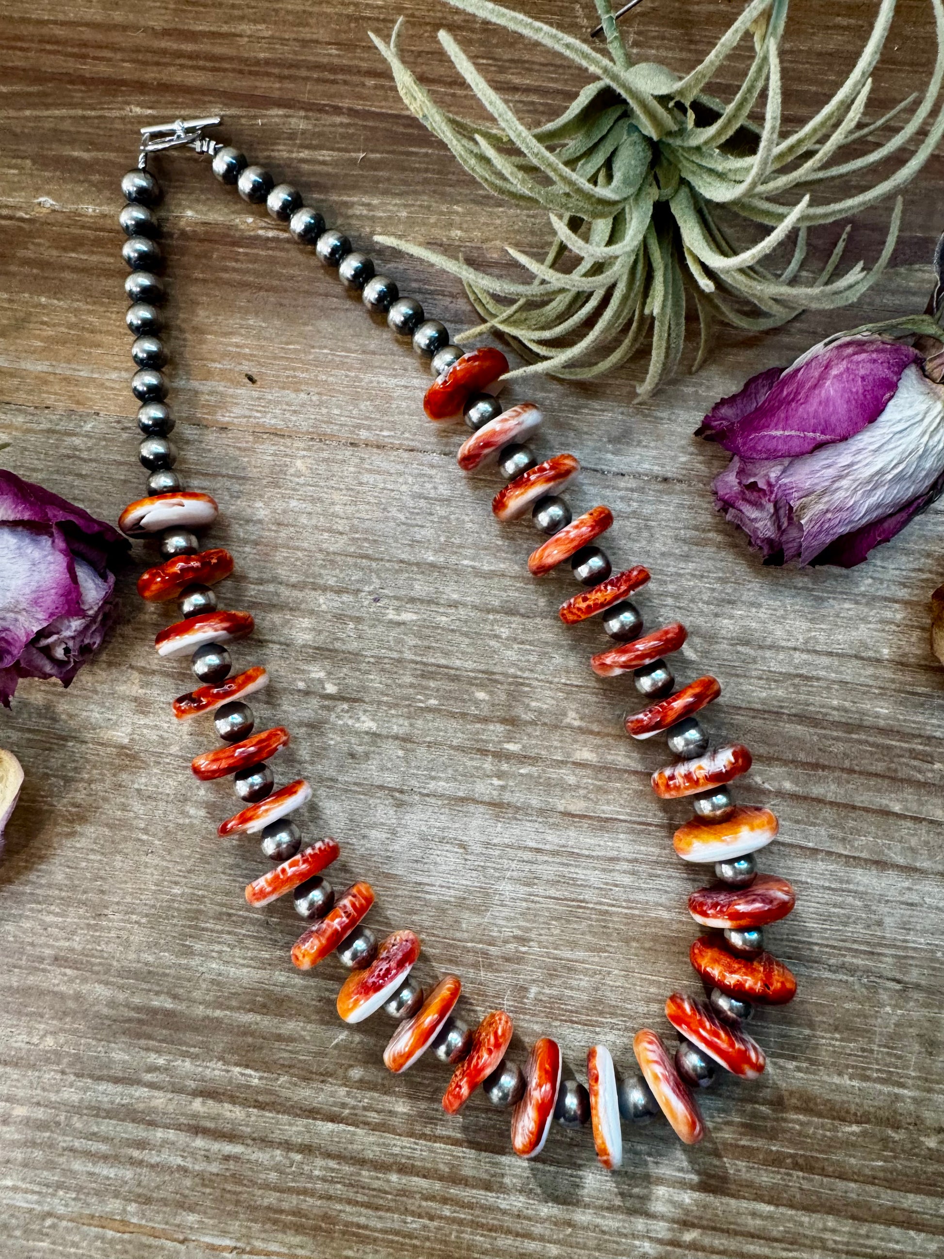 20-inch sterling silver pearl necklace with 16mm spiny oyster rondelle, handmade by The Bijoux FAB in the USA, NFR Collection
