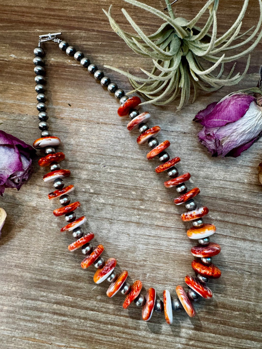 20-inch sterling silver pearl necklace with 16mm spiny oyster rondelle, handmade by The Bijoux FAB in the USA, NFR Collection