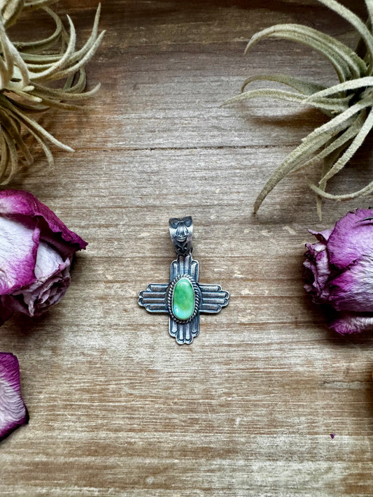 Sterling silver Zia symbol pendant with Sonoran Gold turquoise, stamped K. Billah, Native made in the USA, fits 8mm pearls