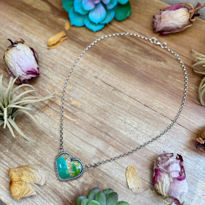 101 - Sterling Silver Kingman Turquoise Heart Bar Necklace by Jason Ogg