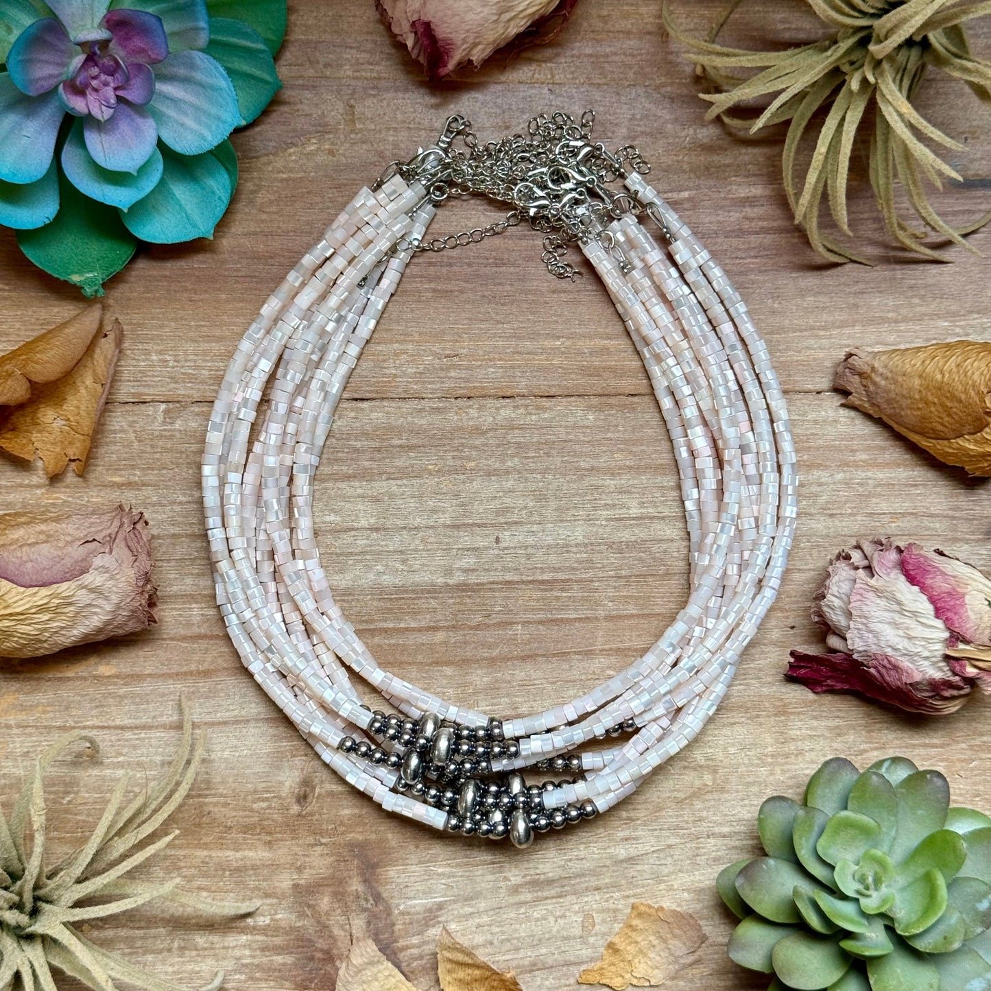cream shell heishi necklace 15 inch extender sterling accents summer neutral jewelry