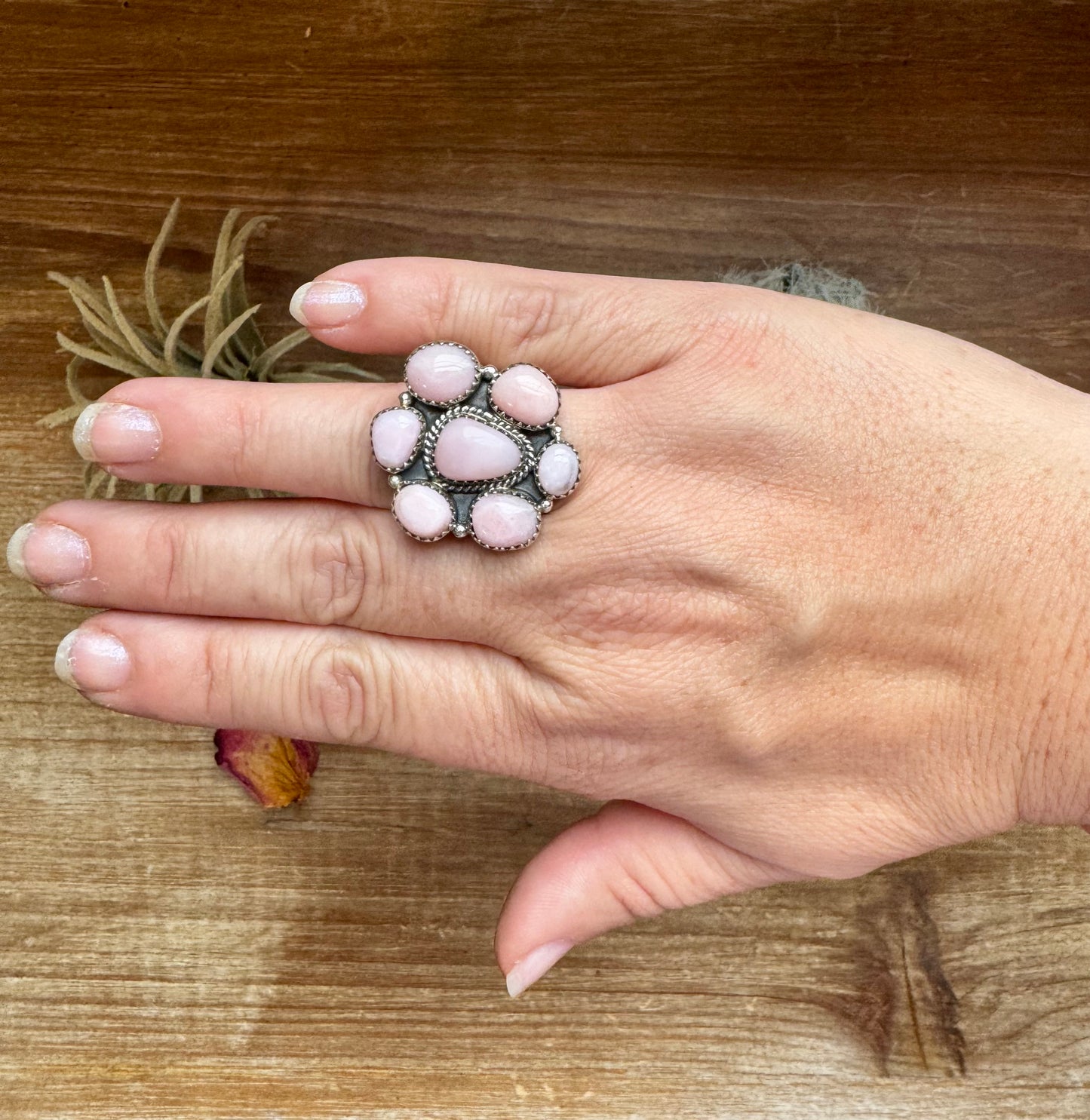 Cluster Ring- Adjustable - Pink opal and sterling silver