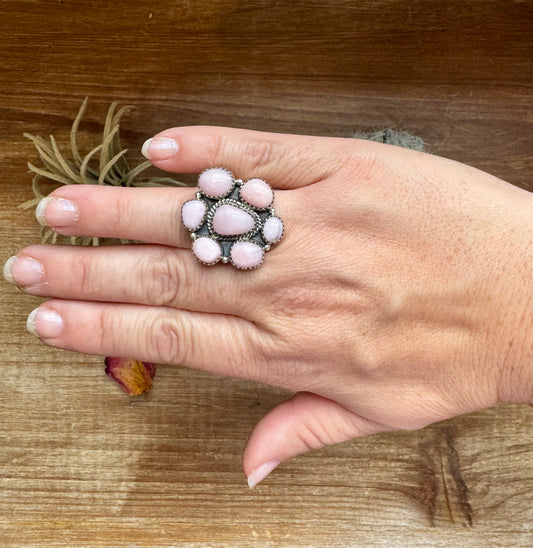 Cluster Ring- Adjustable - Pink opal and sterling silver