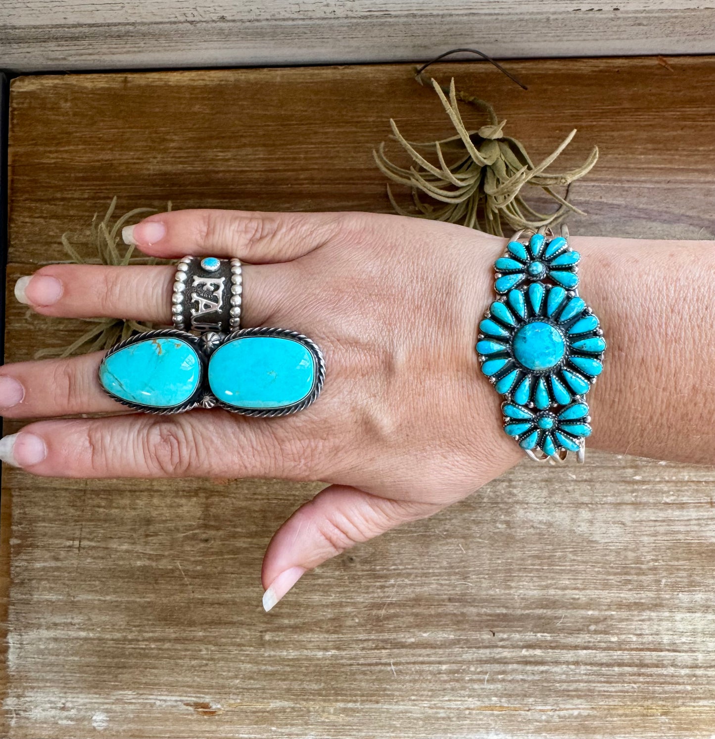 Large sterling silver cuff with multiple Kingman turquoise stones, imported from India, not made by The Bijoux FAB