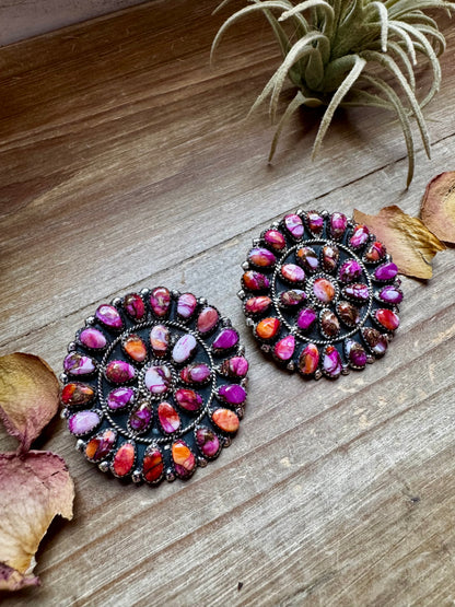 Oversized handcrafted cluster earrings featuring vibrant Pink Dahlia stones set in solid sterling silver. Stamped DLW. Made in the USA. One of a kind. Curated by The Bijoux FAB.