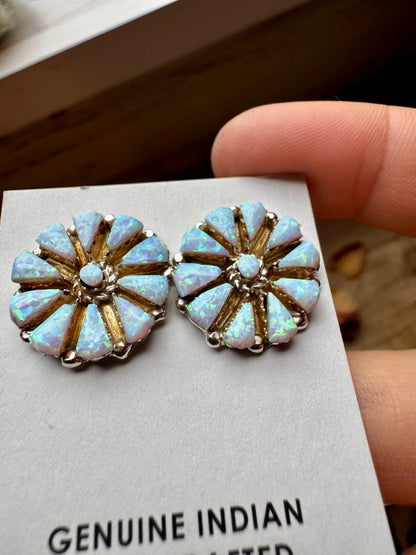 Handcrafted small cluster earrings featuring glowing white opal stones set in solid sterling silver. Stamped SD and made in the USA. Lightweight and one of a kind. Curated by The Bijoux FAB.