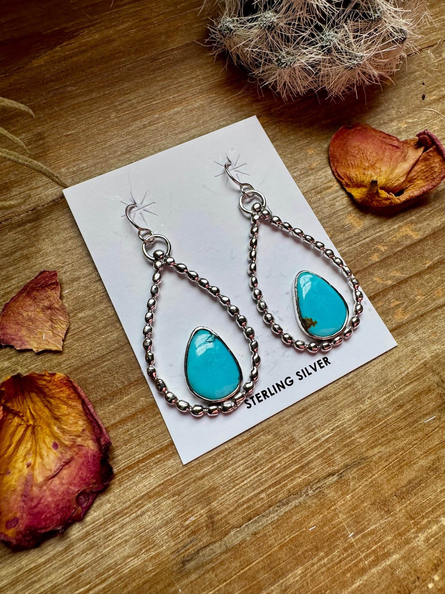 Long Dangle Earrings Hoop Turquoise & Sterling Silver