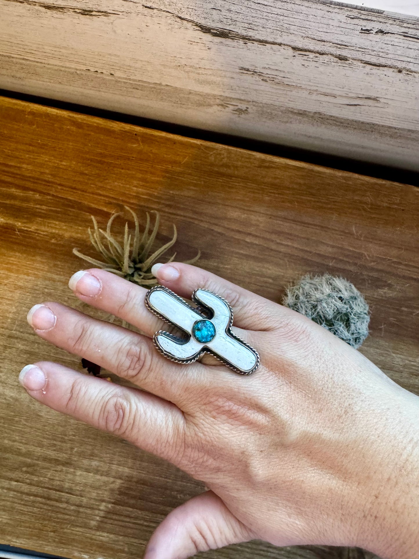 White Cactus Antler with turquoise Adjustable Ring