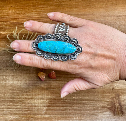 Long Ring- size 9- Kingman Turquoise ring & Sterling Silver