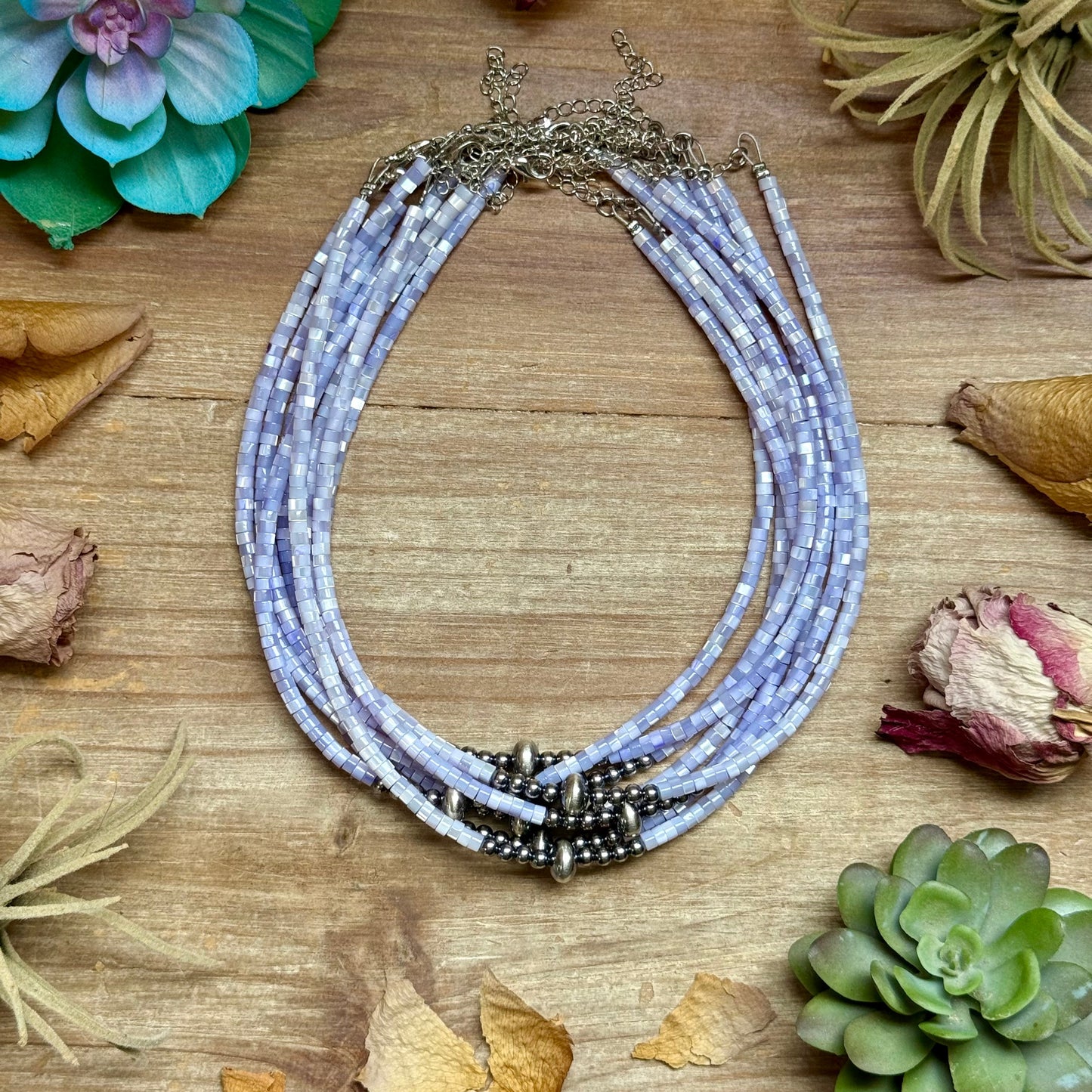 purple dyed shell necklace silver plated chain 15 inch extender sterling silver accents summer jewelry