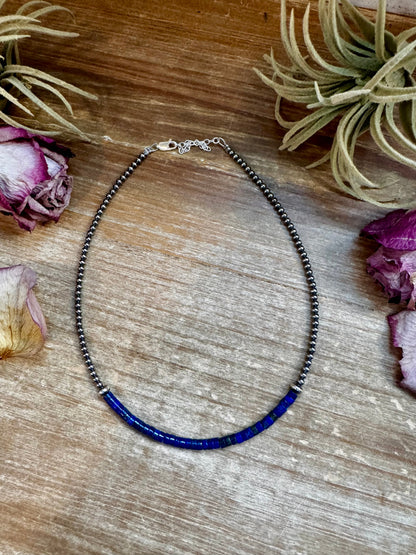 Sterling silver pearl choker with 4mm lapis center bead and 4mm Soce accents, handmade by The Bijoux FAB in the USA, 14" plus extender
