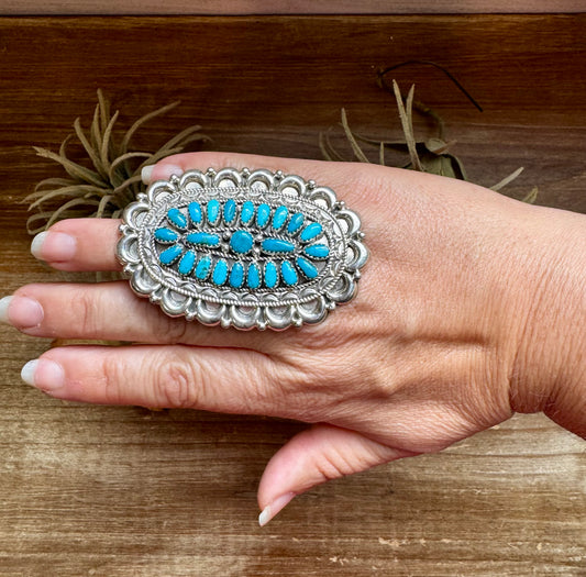 Large Navajo-made Kingman turquoise cluster ring by Jaz Wilson, sterling silver, size 7.5