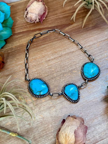 One-of-a-Kind Three-Stone Turquoise Beaded Border Choker