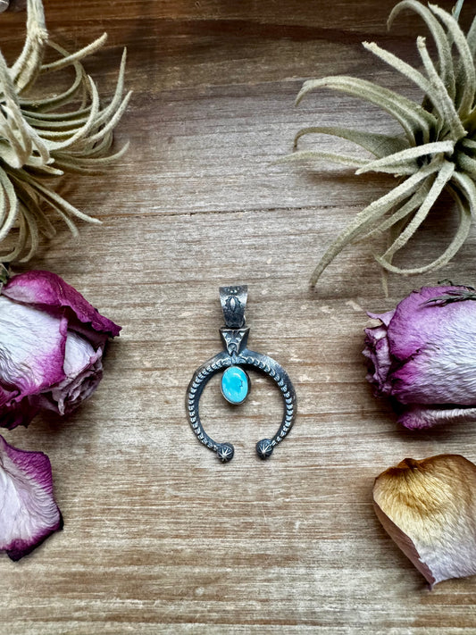 Sterling silver Naja pendant with Golden Hill turquoise stone, Option 2 variation, stamped KB, Native made in the USA, fits 8mm pearls