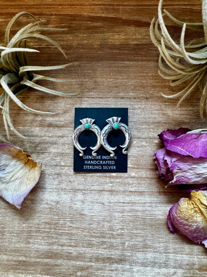 Sterling silver Naja stud earrings with Kingman turquoise stones, Native made in the USA