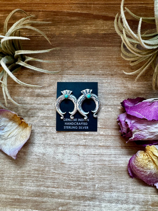 Sterling silver Naja stud earrings with Kingman turquoise stones, Native made in the USA