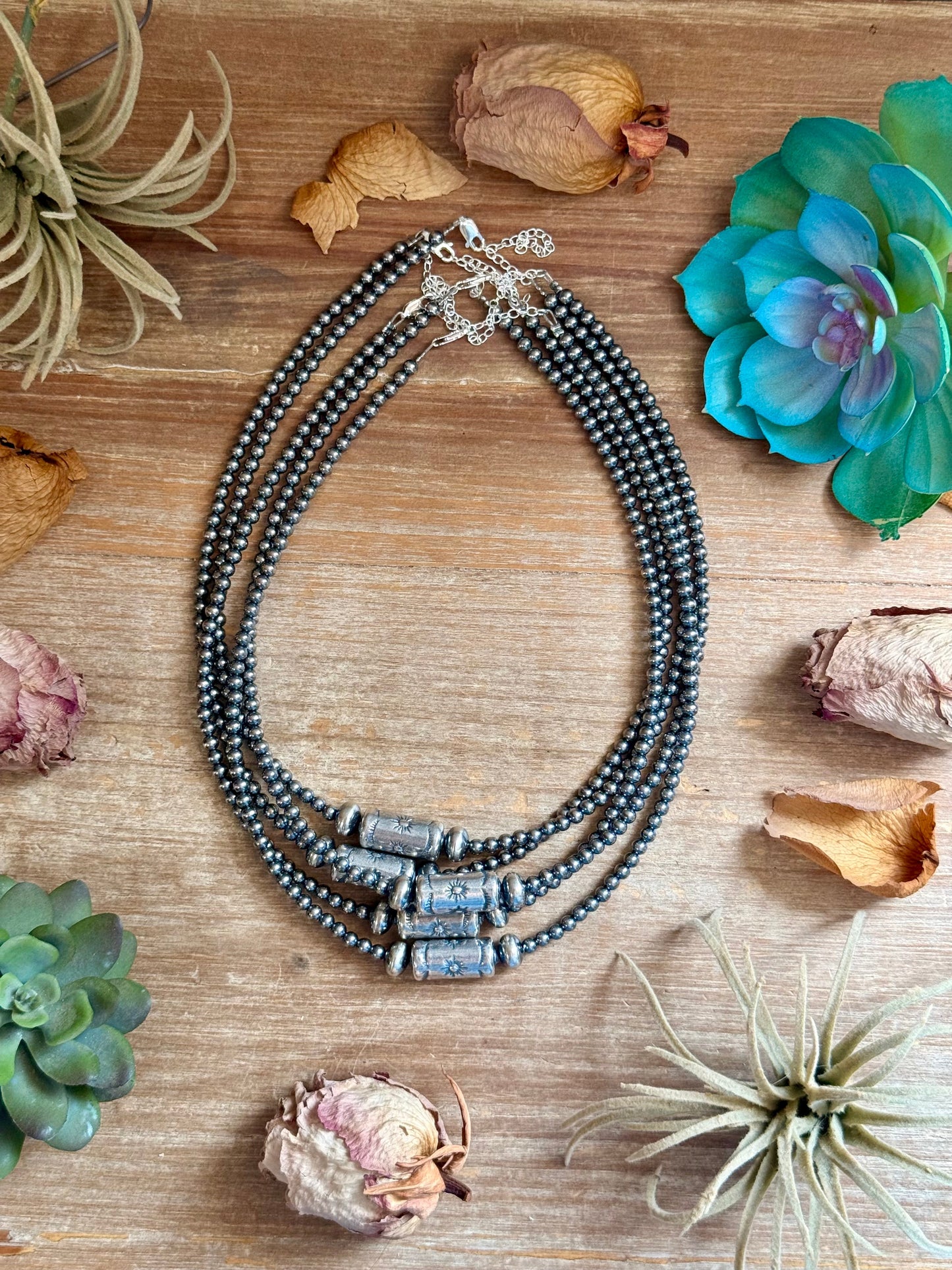 4mm Sterling Silver Pearl Necklace with Stamped Barrel Bead