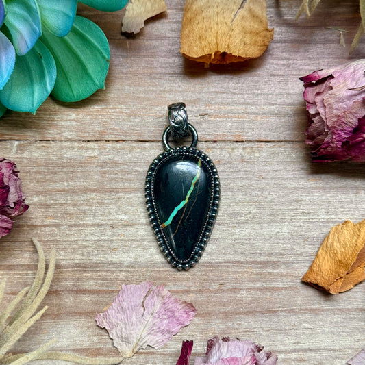 black jack turquoise pendant sterling silver large statement handmade USA
