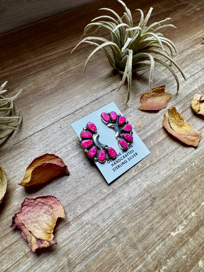 Handcrafted half cluster earrings featuring vibrant bright pink opal stones set in solid sterling silver. Stamped DLW and made in the USA. Each pair is naturally unique. Curated by The Bijoux FAB.