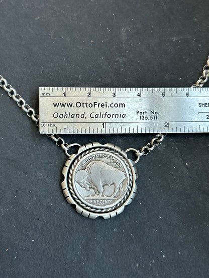 Sterling Silver Buffalo Nickel Necklace – Filed Frame Border – 18” Fixed Chain – Artist Jason Ogg