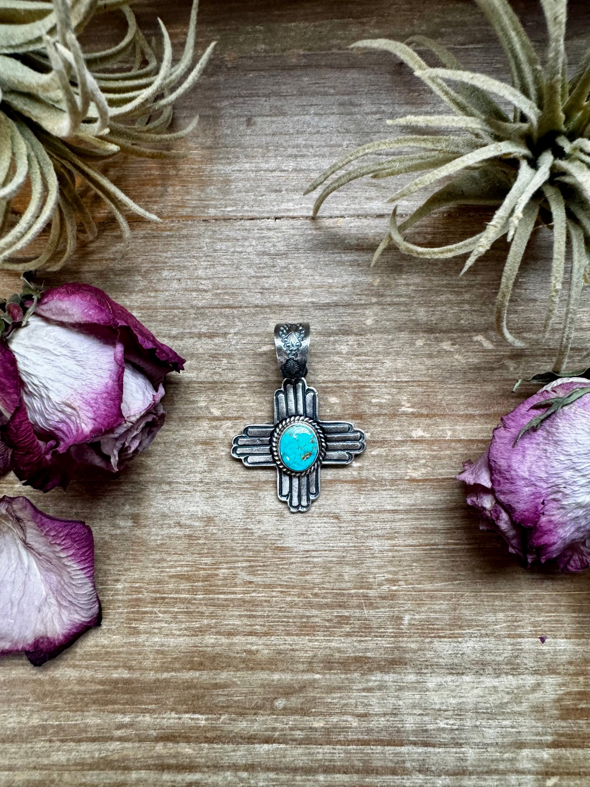 Sterling silver Zia symbol pendant with Sonoran Gold turquoise center, stamped K. Billah, Native made in the USA, fits 8mm pearls