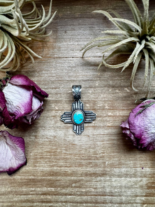 Sterling silver Zia symbol pendant with Sonoran Gold turquoise center, stamped K. Billah, Native made in the USA, fits 8mm pearls