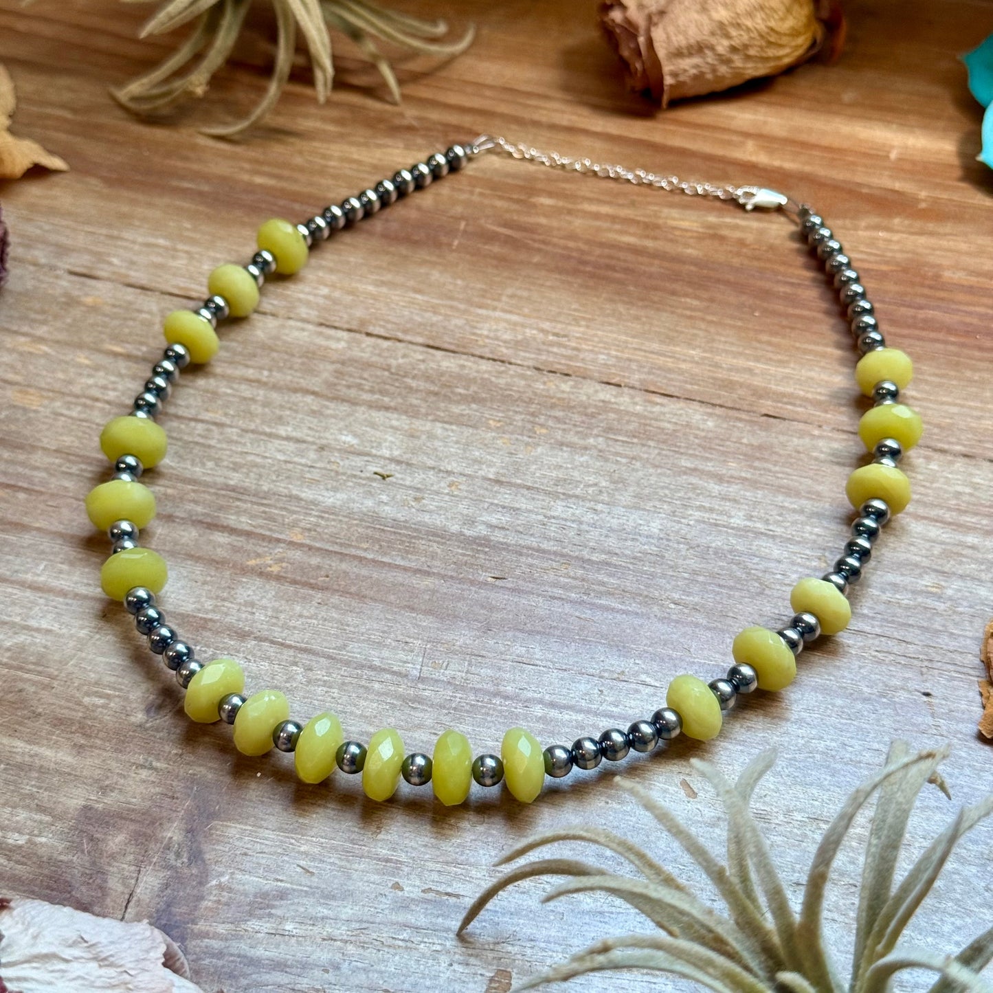Faceted Lemon Jade & Sterling Silver Pearl Necklace