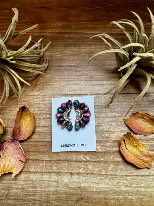 Half cluster earrings handcrafted with vibrant pink dahlia stones set in solid sterling silver. Stamped JW and made in the USA. Each pair is one of a kind. Curated by The Bijoux FAB.