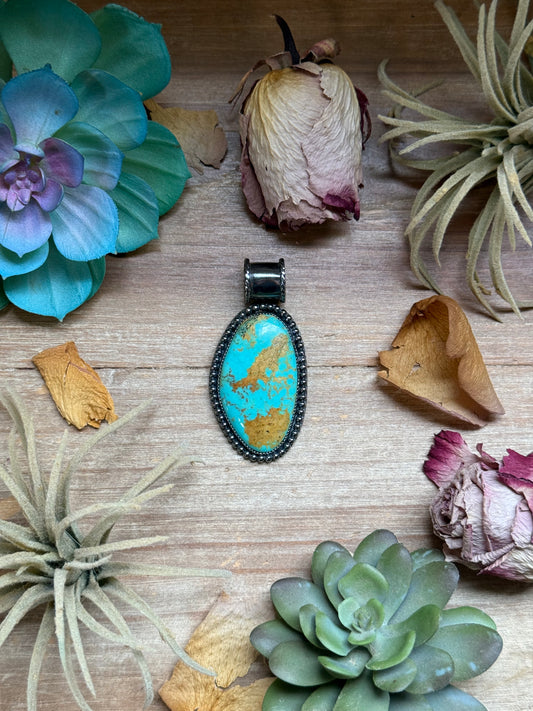 Large sterling silver turquoise teardrop pendant for 8mm pearls with vibrant natural color, MJ pendant made in USA