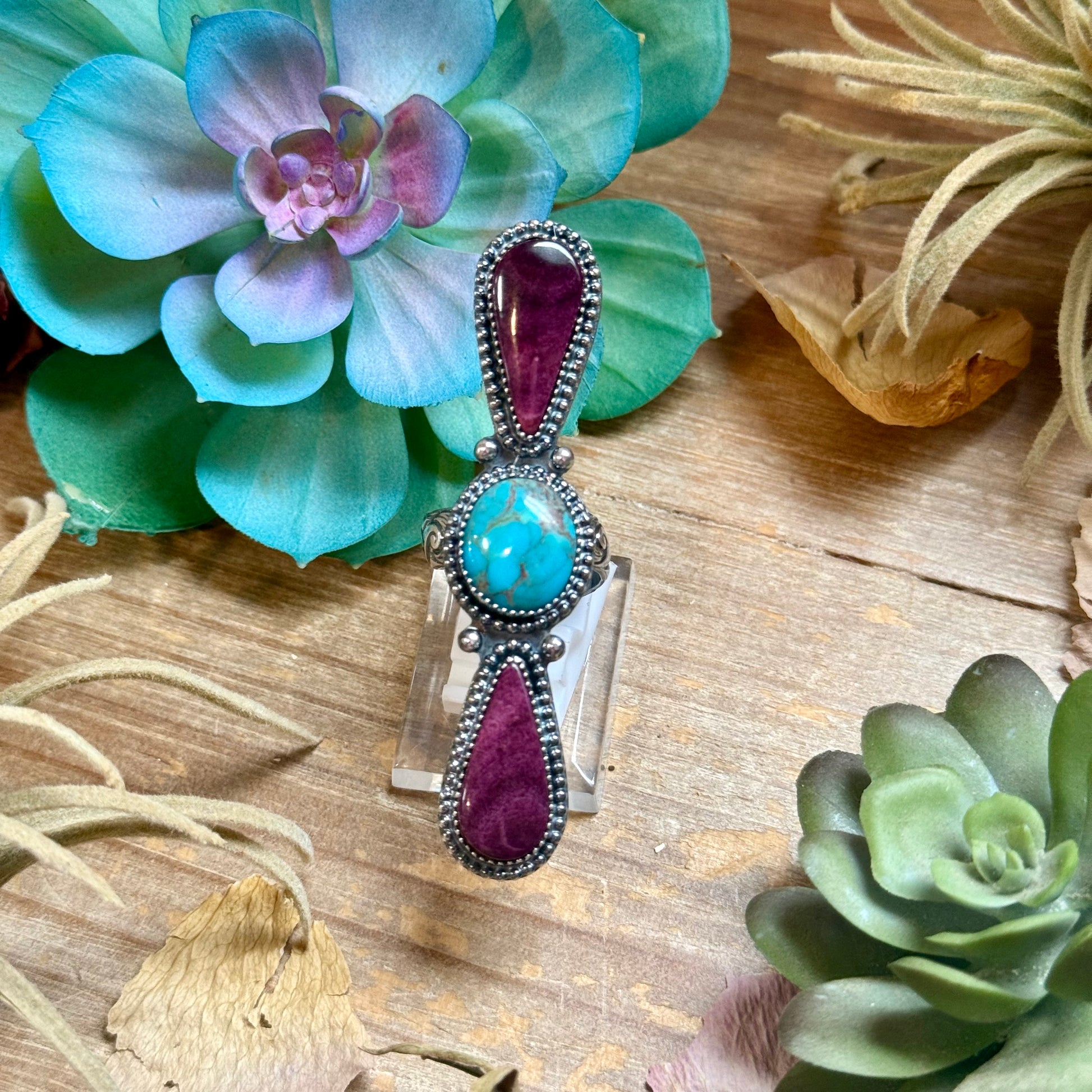 MJ turquoise and purple spiny pointer ring in sterling silver adjustable band handmade in-house in the USA