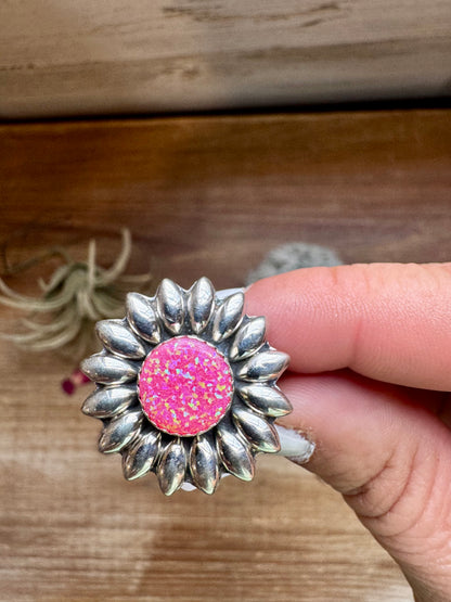 Flower - Adjustable - Pink opal and sterling silver