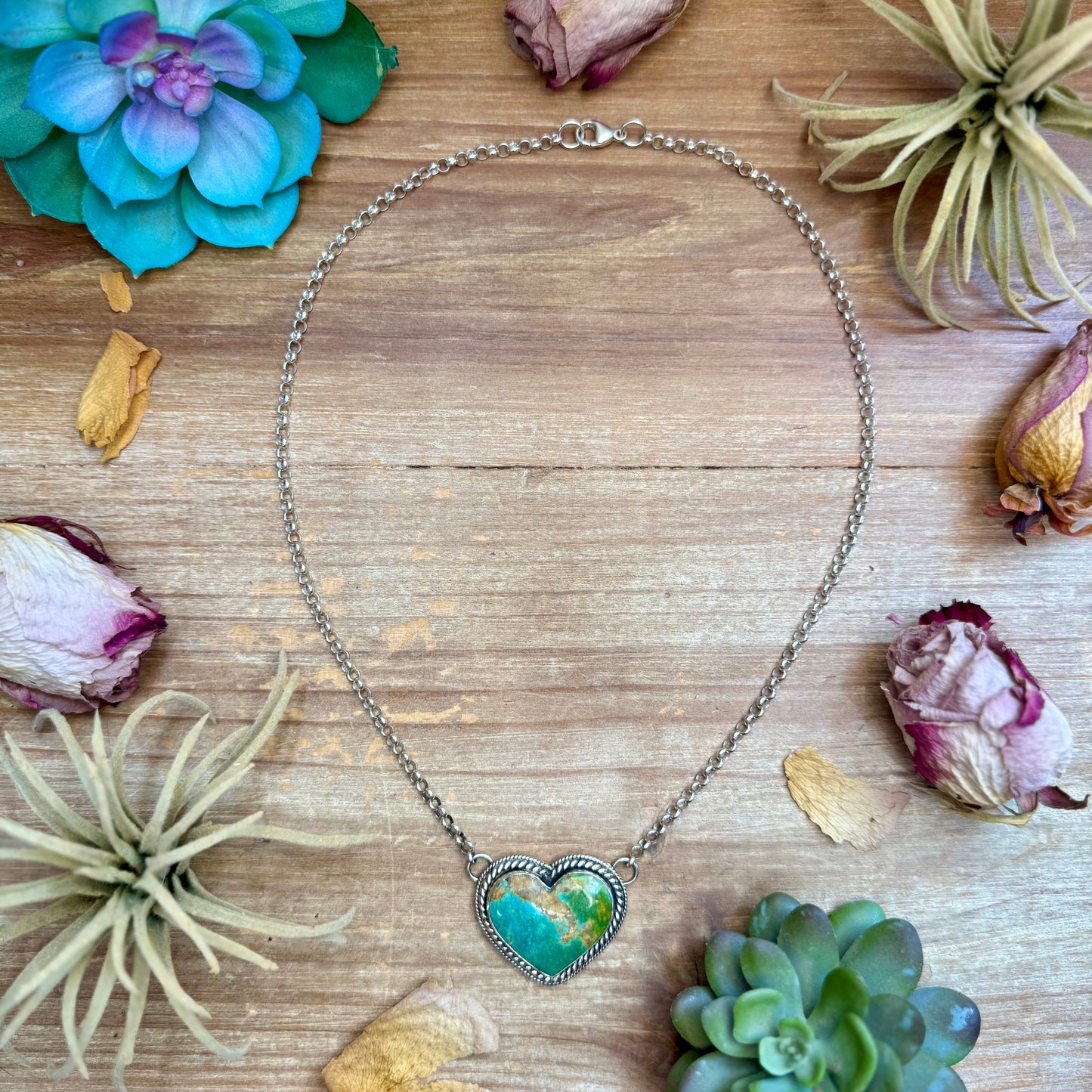 101 - Sterling Silver Kingman Turquoise Heart Bar Necklace by Jason Ogg