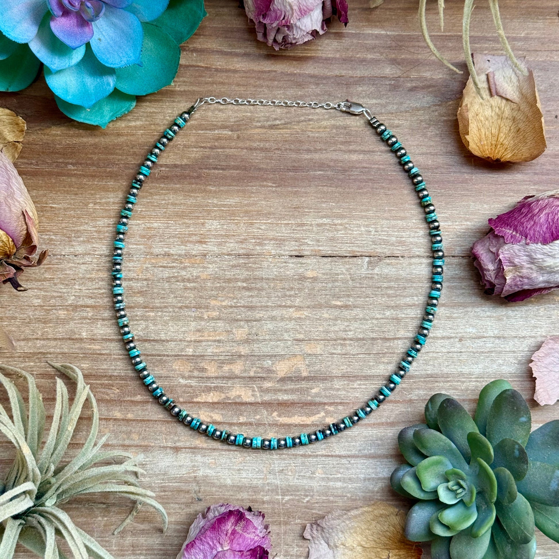 14 inch turquoise heishi choker with 4mm sterling silver pearls handmade in the USA by The Bijoux FAB
