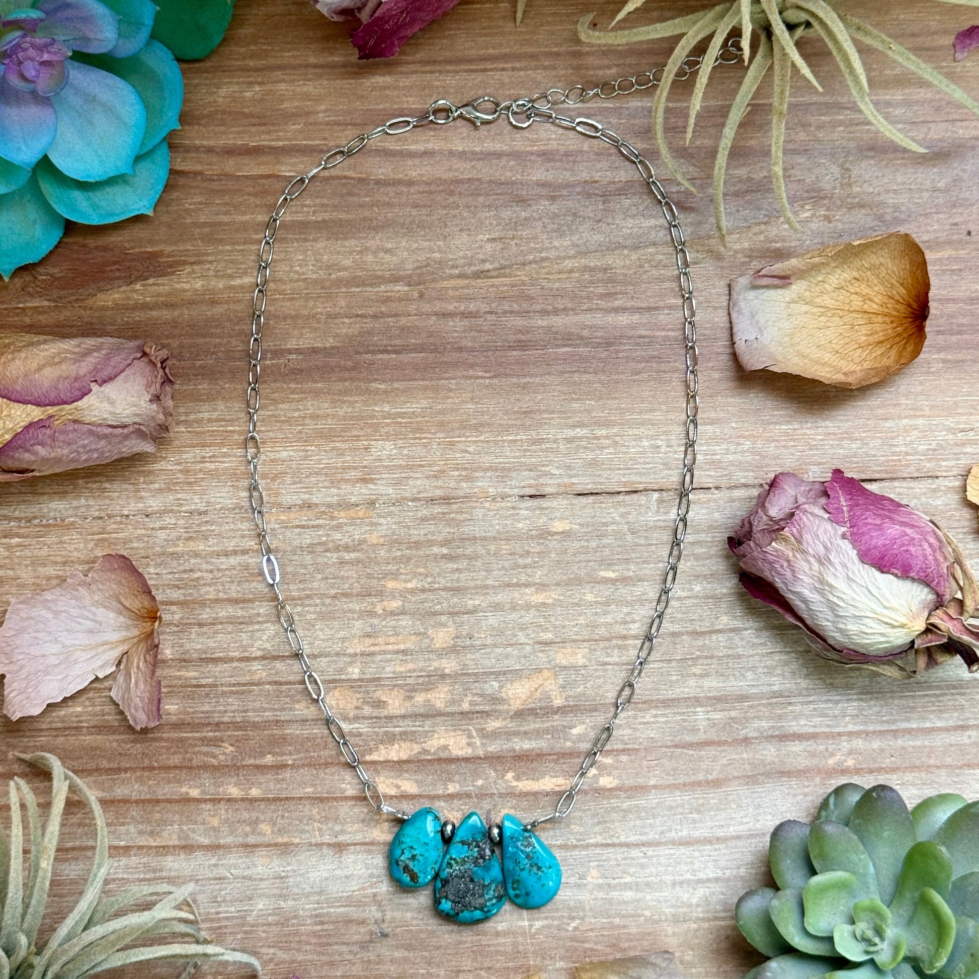15 inch turquoise teardrop silver plated paperclip chain necklace handmade by The Bijoux FAB

