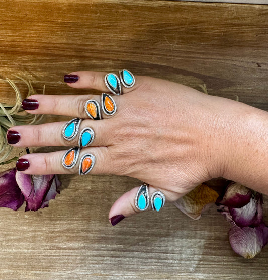 Sterling silver ring with Kingman turquoise or orange spiny oyster stone, stamped Z, Native made in the USA, multiple sizes available