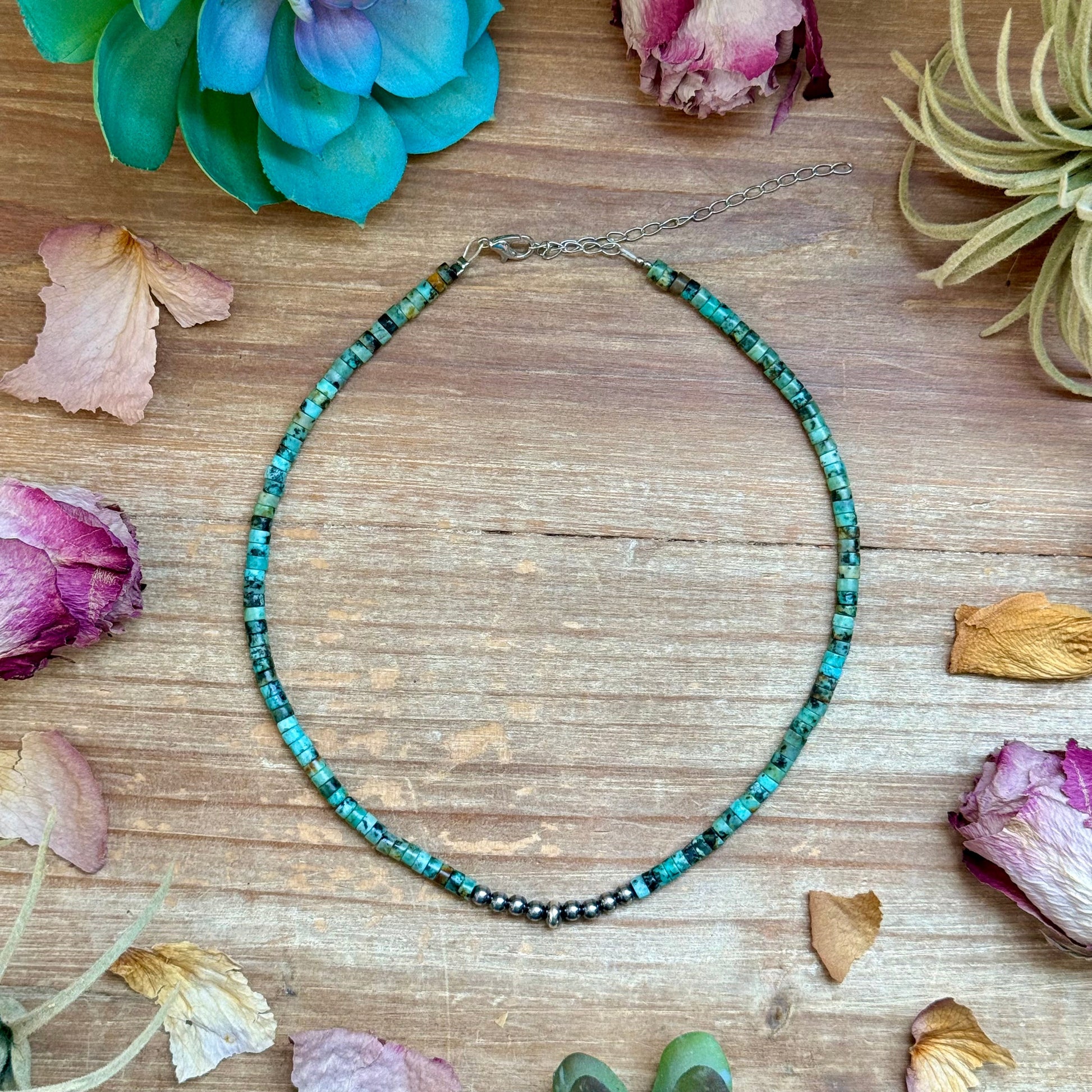 African turquoise heishi necklace with 4mm sterling silver pearls and saucer accents handmade in the USA