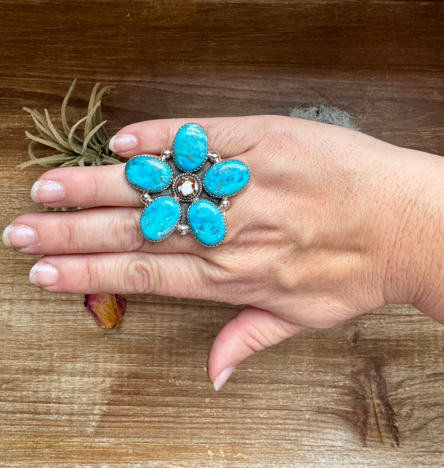 Big flower ring- adjustable - Kingman  turquoise, wild horse and sterling silver