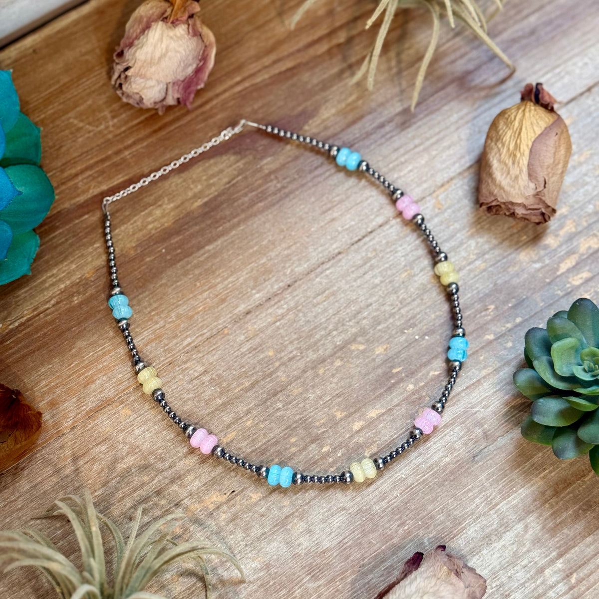 15-Inch Colorful Glass & Sterling Silver Pearl Necklace