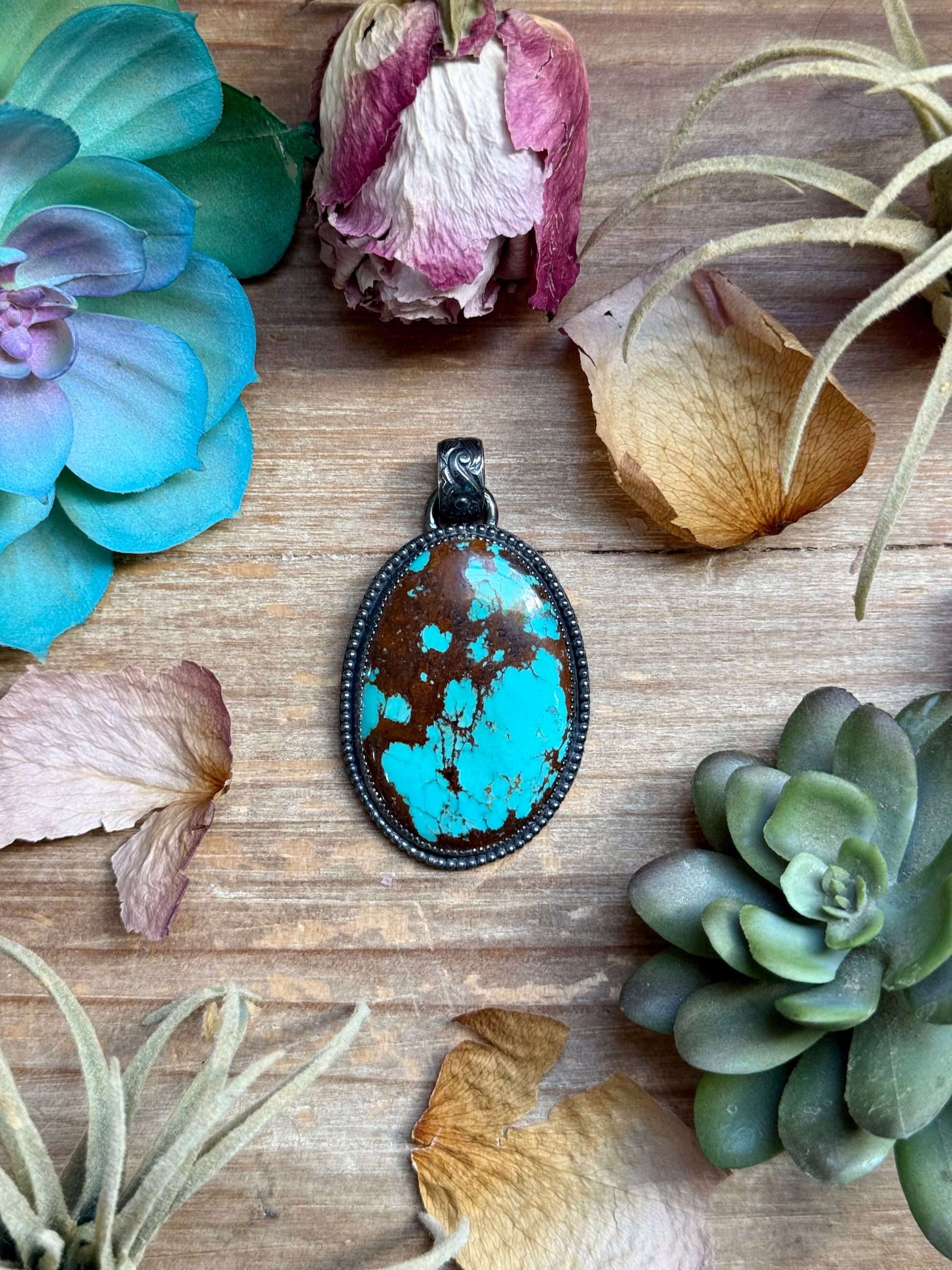 Large sterling silver turquoise pendant fitting 6mm pearls handmade in-house in the USA by The Bijoux FAB