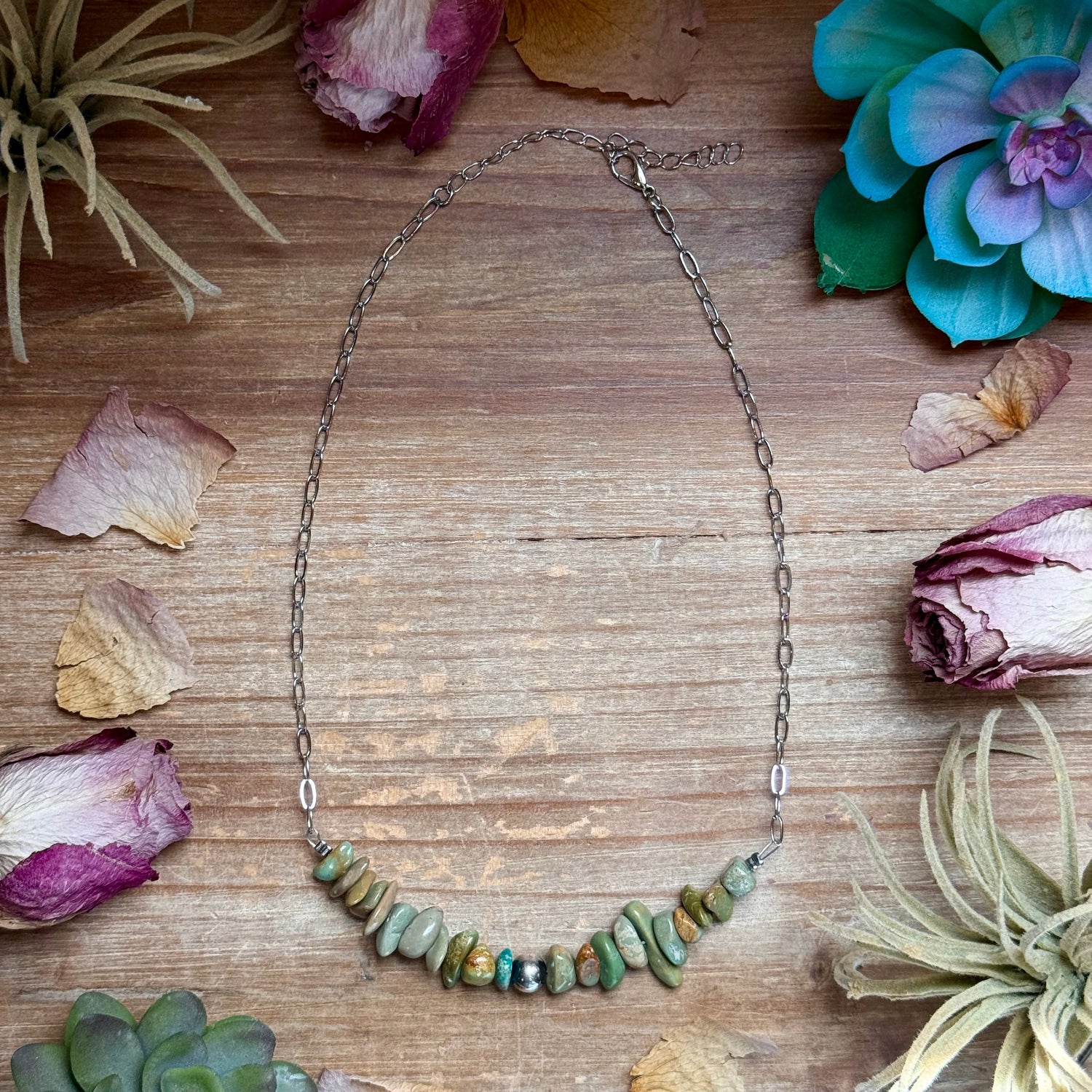 16.5 inch green turquoise nugget necklace with sterling silver pearls and silver plated paperclip chain handmade by The Bijoux FAB