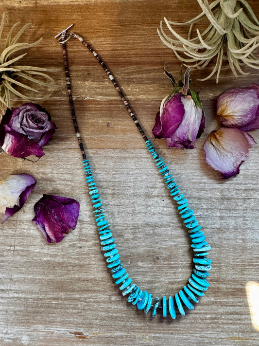 23" necklace with 3mm brown and beige shell beads and graduated light blue turquoise, handmade by The Bijoux FAB in the USA