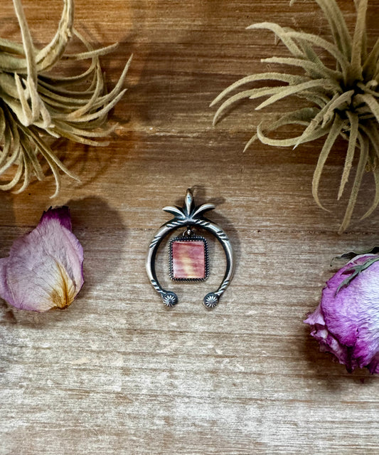 Sterling silver Naja pendant with purple spiny oyster and yellow tint stone, stamped MC, Native made in the USA, fits pearl strands
