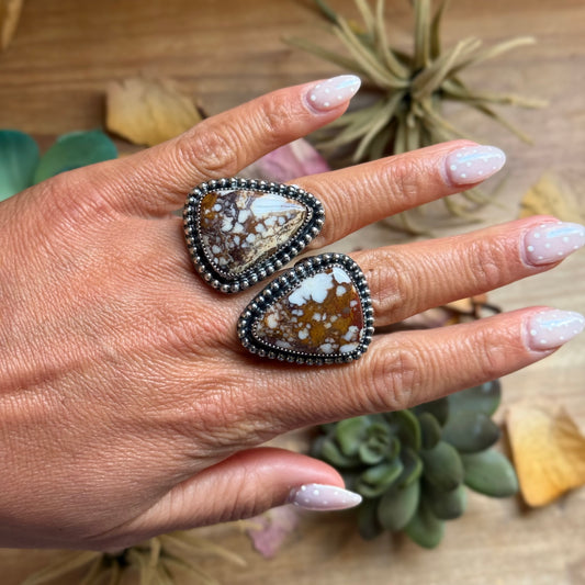 Wild horse stone adjustable sterling silver ring handmade in USA