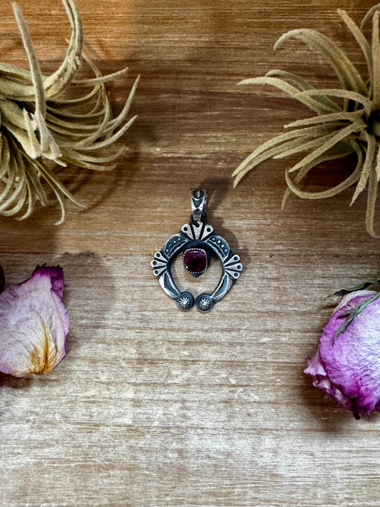 Sterling silver Naja pendant with purple spiny oyster stone, stamped KB, Native made in the USA, fits 8mm pearls